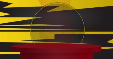 Soyut siyah, kırmızı ve sarı silindir kaidesel podyum animasyonu. En düşük geometrik formlara sahip video, boş sahne. Ürün gösterimi ve sunumu için çizgi film sahne gösterisi.