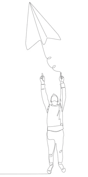 紙飛行機で指で指している男の1つの連続行 細い線イラストベクトルのコンセプト Contour Drawing Creative Ideas — ストックベクタ