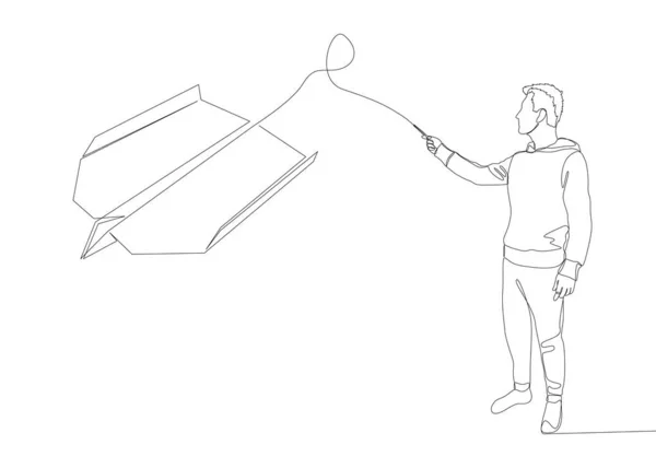 Una Línea Continua Man Señalando Con Dedo Paper Airplane Concepto — Archivo Imágenes Vectoriales