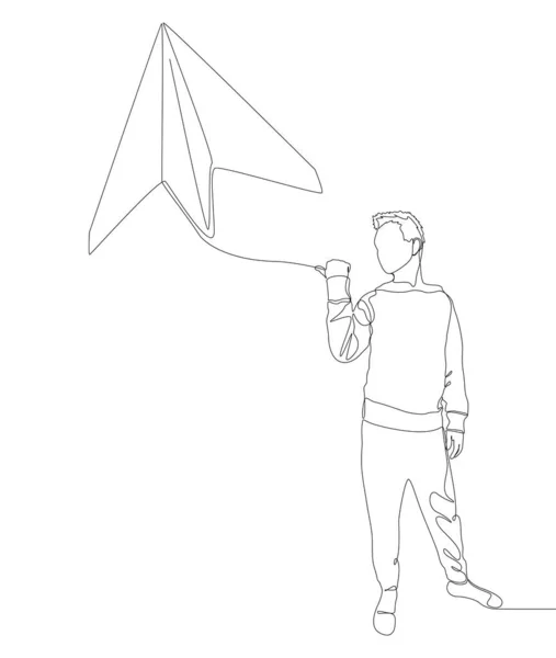 Une Ligne Continue Man Pointant Doigt Paper Airplane Thin Line — Image vectorielle