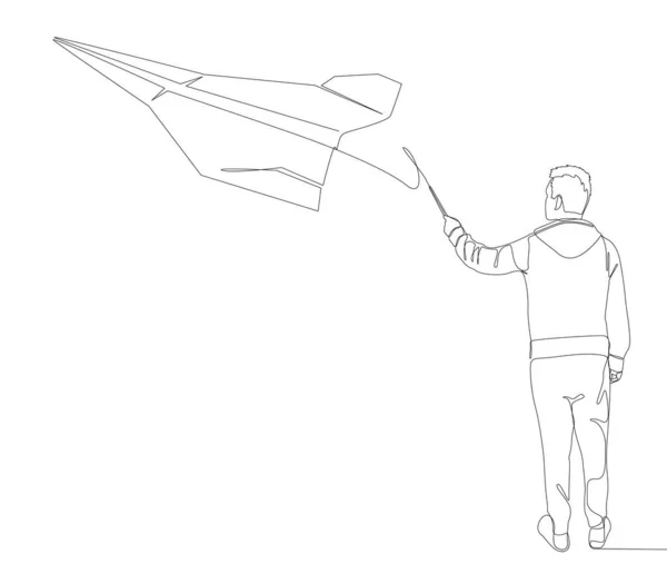 Kontinuerlig Linje Man Pekar Med Fingret Paper Airplane Tunn Linje — Stock vektor