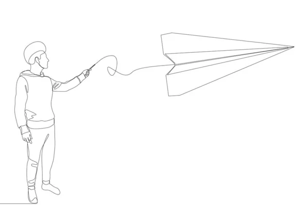 Одна Безперервна Лінія Людини Вказує Пальцем Паперовий Літак Векторна Концепція — стоковий вектор