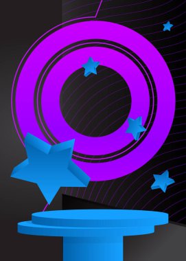 Siyah, mavi ve mor gerçekçi vektör odası. Soyut silindir kaide podyumu. Sahne gösterisi, sunum için ürün modeli. En düşük geometrik biçimlere sahip sahne.