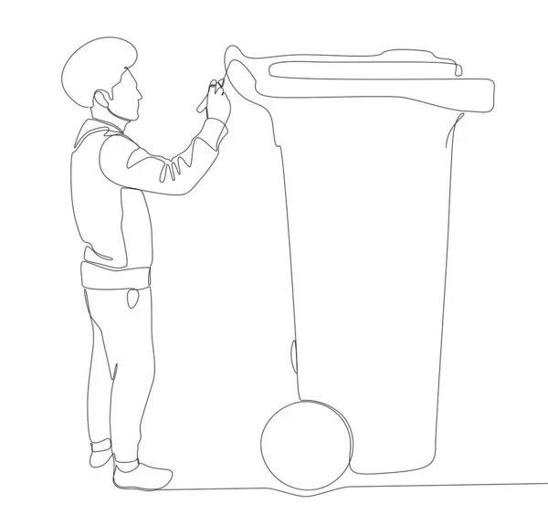 Uma Linha Contínua Homem Apontando Com Dedo Para Lixo Bin — Vetor de Stock