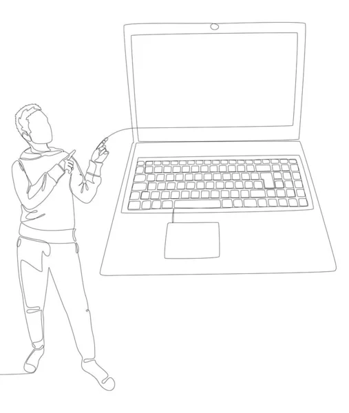 Kontinuerlig Linje Man Peger Med Fingeren Laptop Tynd Linje Illustration – Stock-vektor