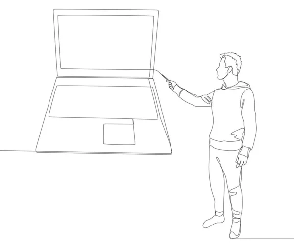 Uma Linha Contínua Homem Apontando Com Dedo Para Laptop Conceito — Vetor de Stock