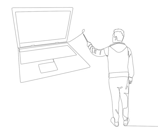 一行行男人用手指指著笔记本电脑 细线图解向量概念 环球旅行吸引创意 — 图库矢量图片