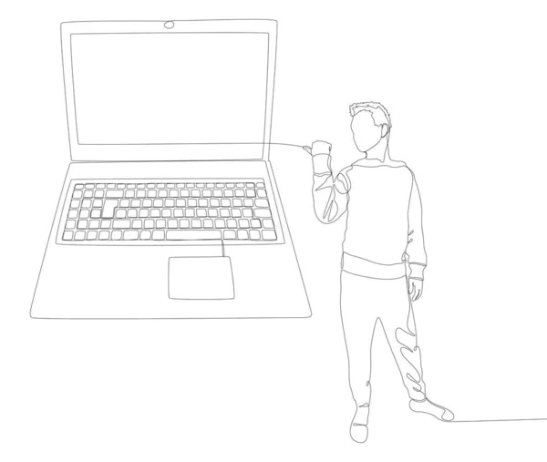 Одна Безперервна Лінія Людини Вказує Пальцем Ноутбук Векторна Концепція Тонкої — стоковий вектор
