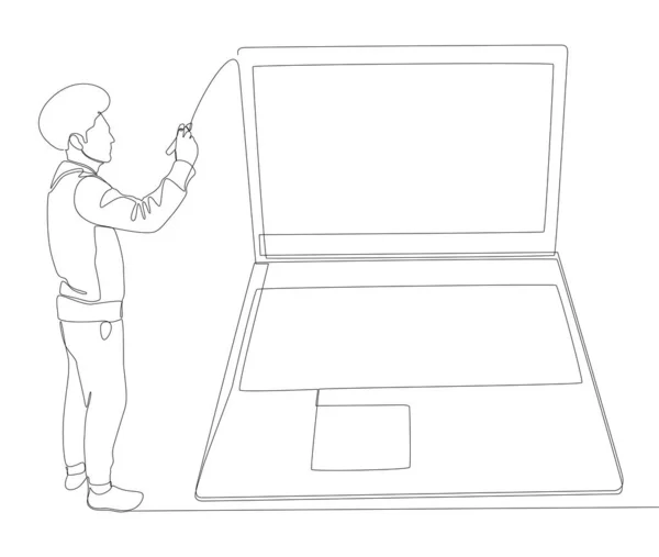Одна Безперервна Лінія Людини Вказує Пальцем Ноутбук Векторна Концепція Тонкої — стоковий вектор