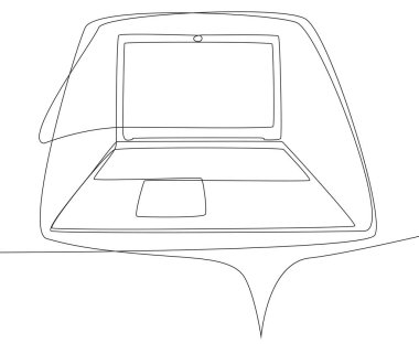 Dizüstü bilgisayarlı aralıksız bir konuşma cümlesi. İnce Çizgi Çizimi Vektör Konsepti. Contour Yaratıcı Fikirler Çiziyor.