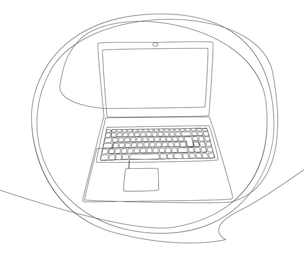 Een Continue Lijn Van Spraakzeepbel Met Laptop Dunne Lijn Illustratie — Stockvector