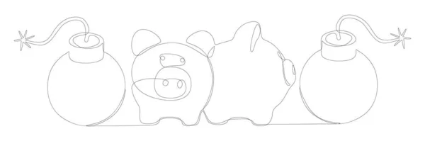 Een Continue Lijn Van Piggy Bank Bom Dunne Lijn Illustratie — Stockvector