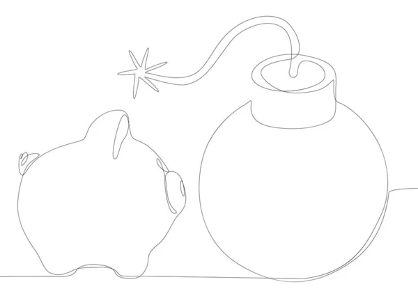 ピギーバンクと爆弾の連続線だ 細い線イラストベクトルのコンセプト Contour Drawing Creative Ideas — ストックベクタ
