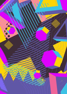 Rastgele geometrik şekilli basit bir arkaplan. Poster için soyut düz şablon, kitap kapağı, Haber bülteni, canlı renklerle sosyal medya arka planı. Vintage meşgul geometrik grafik sanat deseni.