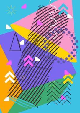 Rastgele geometrik şekilli basit bir arkaplan. Poster için soyut düz şablon, kitap kapağı, Haber bülteni, canlı renklerle sosyal medya arka planı. Vintage meşgul geometrik grafik sanat deseni.