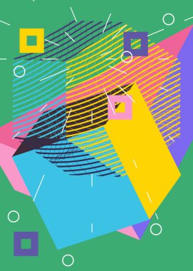 Rastgele geometrik şekilli basit bir arkaplan. Poster için soyut düz şablon, kitap kapağı, Haber bülteni, canlı renklerle sosyal medya arka planı. Vintage meşgul geometrik grafik sanat deseni.