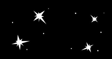 Beyaz animasyon parlayan kozmik yıldız ve karalama tarzında siyah arkaplanda parıldayan şekiller. Sketchy titreşimli, parıldayan hareketli karikatür elementleri. Alfa kanalı. El çizimi yıldızlar.