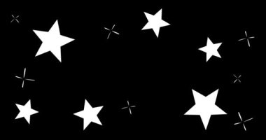 Beyaz animasyon parlayan kozmik yıldız ve karalama tarzında siyah arkaplanda parıldayan şekiller. Sketchy titreşimli, parıldayan hareketli karikatür elementleri. Alfa kanalı. El çizimi yıldızlar.