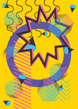 Soyut arkaplan geometrik grafik sanat modeli. Kitap kapağı için basit bir şablon, Haber bülteni, canlı renklerle sosyal medya arkaplanı. Rastgele geometrik şekilli vintage meşgul poster.