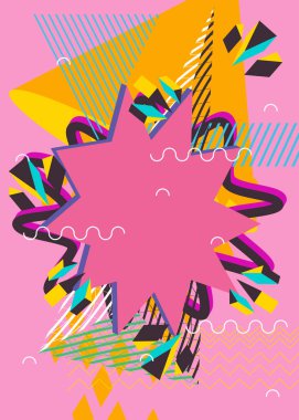 Yoğun patlama geometrik şekiller arka plan. Soyut klasik rastgele geometri şablonu. Basit canlı renkler geometrik grafik sanat posteri.