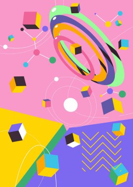 Retro psikodelik hacimli vektör posteri ve canlı geometrik grafik sanat. Basit geometrik şekiller arka plan. Soyut meşgul eski çizgi film illüstrasyon afişi.