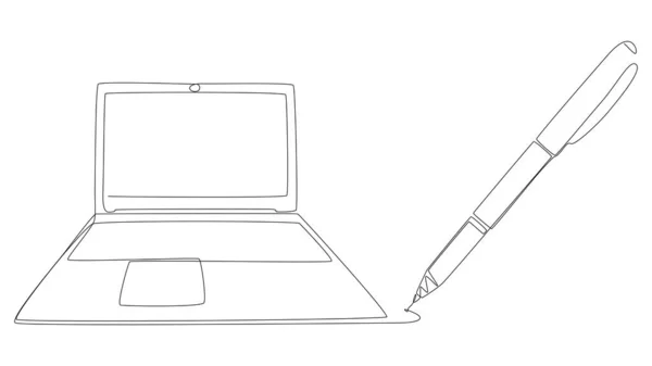 Eine Durchgehende Linie Laptop Mit Filzstift Gezeichnet Thin Line Illustration — Stockvektor