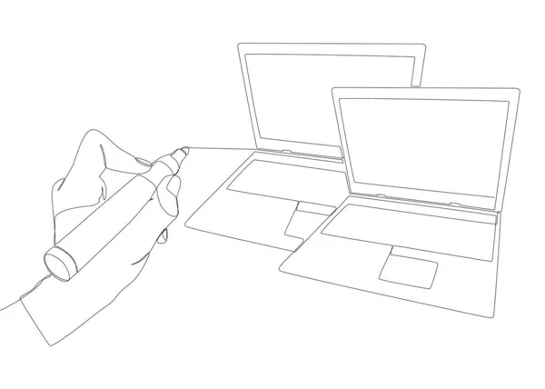 Uma Linha Contínua Laptop Desenhado Por Caneta Ponta Feltro Conceito — Vetor de Stock