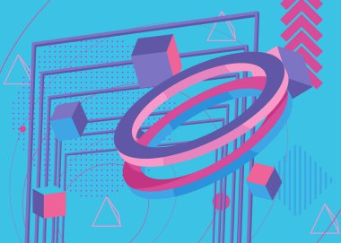 Mavi, pembe ve mor yoğun psikodelik hacimli arka plan. Basit geometrik vektör. Canlı grafiksel eski geometrik şekiller. Soyut sanat karikatür afişi, poster illüstrasyonu.