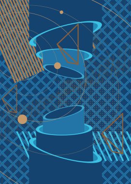 Mavi ve kahverengi basit geometrik vektör pankartı, poster. Canlı eski geometrik şekiller arka plan. Soyut retro grafik yoğun psikodelik hacimli sanat illüstrasyonu.