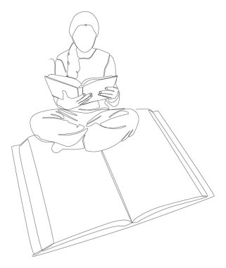Kızların okuduğu sürekli bir kitap satırı. İnce Çizgi Çizgisi Vektör Eğitim Konsepti. Contour Yaratıcı Fikirler Çiziyor.