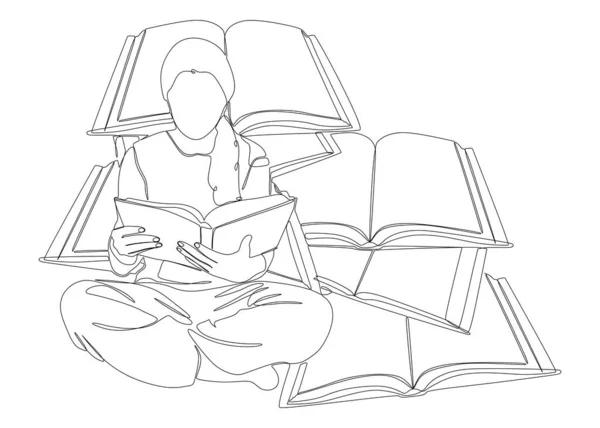 Одна Сплошная Линия Книги Девочками Читающими Концепция Векторного Образования Тонкой — стоковый вектор