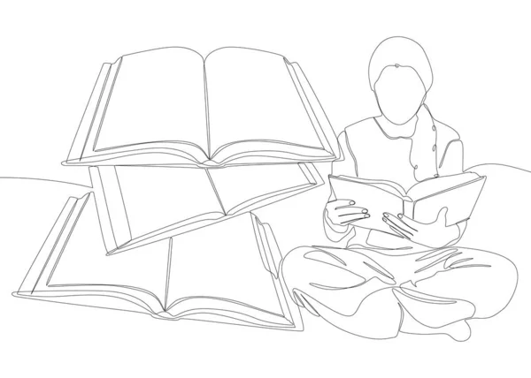 女の子の読書と本の1つの連続行 細い線イラストベクトル教育の概念 Contour Drawing Creative Ideas — ストックベクタ