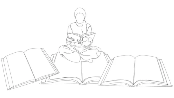 女の子の読書と本の1つの連続行 細い線イラストベクトル教育の概念 Contour Drawing Creative Ideas — ストックベクタ