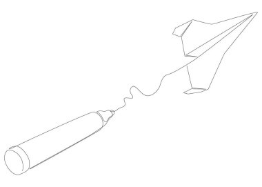 Keçeli kalemle çizilmiş sürekli bir kağıt uçak çizgisi. İnce Çizgi Çizimi Vektör Konsepti. Contour Yaratıcı Fikirler Çiziyor.
