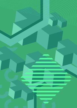 Soyut Turkuaz geometrik şekiller arka plan. Canlı, basit vektör pankartı, poster. Retro grafik eski geometrik yoğun psikodelik hacimli sanat illüstrasyonu.