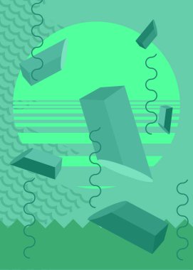 Soyut Turkuaz geometrik şekiller arka plan. Canlı, basit vektör pankartı, poster. Retro grafik eski geometrik yoğun psikodelik hacimli sanat illüstrasyonu.