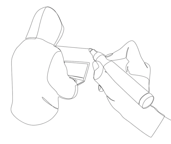 フェルト先端ペンで描かれたコンピュータハッカーの1つの連続ライン 細い線イラストベクトルのコンセプト Contour Drawing Creative Ideas — ストックベクタ