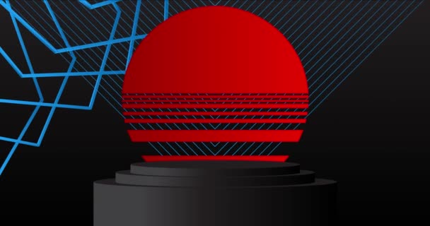蓝色和红色摘要舞台展示 Mockup产品显示动画 最简单的几何形式 圆柱形基座的卡通视频演示 — 图库视频影像