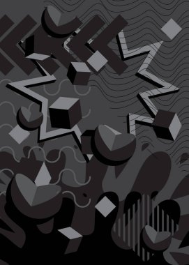 Rastgele Siyah, Koyu Gri renkli, geçmişe dönük geometrik temalı poster pankartı. Geometrik grafik minimum arkaplan. Kapak tasarımı için klasik soyut şekiller şablonu.