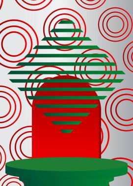 Sunum için soyut yeşil ve beyaz sahne gösterimi. Vektör 3 boyutlu model ürün görüntüsü. Asgari silindir kaide podyumu. Basit geometrik biçimler, boş sahne.