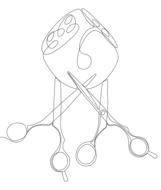 Devamlı bir zar ve makas çizgisi. İnce Çizgi Çizimi Vektör Konsepti. Contour Yaratıcı Fikirler Çiziyor.