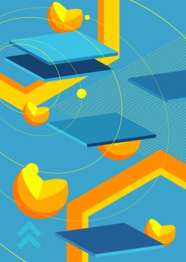 Soyut mavi ve sarı eski geometrik şekiller arka plan. Basit bir retro geometrik çizgi film çizimi. Canlı grafik, psikodelik hacimli vektör pankartı, poster.