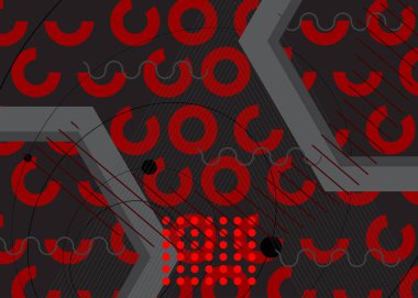 Siyah ve kırmızı renkli geometrik temalı poster pankartı. Kapak tasarımı için özet şekiller şablonu. Renkli geometrik grafik arka planı.