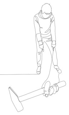 Çekiç 'i işaret eden sürekli bir çizgi. İnce Çizgi Çizgisi Çizim Vektörü Çalışma Aracı konsepti. Contour çizim sanatçısı fikirleri.