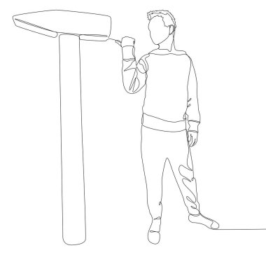 Çekiç 'i işaret eden sürekli bir çizgi. İnce Çizgi Çizgisi Çizim Vektörü Çalışma Aracı konsepti. Contour çizim sanatçısı fikirleri.