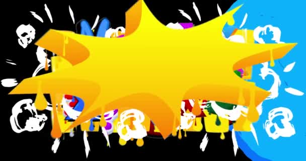 黄色の落書きスピーチ忙しいカラフルな背景とバブルアニメーション アブストラクト都市絵画スタイルのビデオで現代ストリートアート装飾 — ストック動画