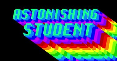 Şaşırtıcı öğrenci. Siyah arkaplanda gökkuşağı renginde uzun katmanlı çok renkli gölgesi olan 4k animasyon kelimesi.