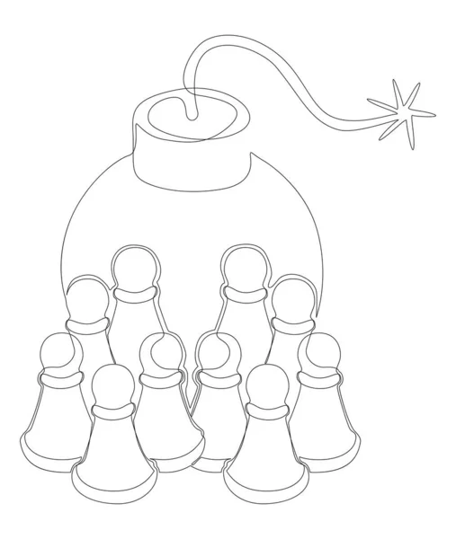 Kontinuerlig Rad Bonde Chess Piece Bomb Tunn Linje Illustration Vektor — Stock vektor