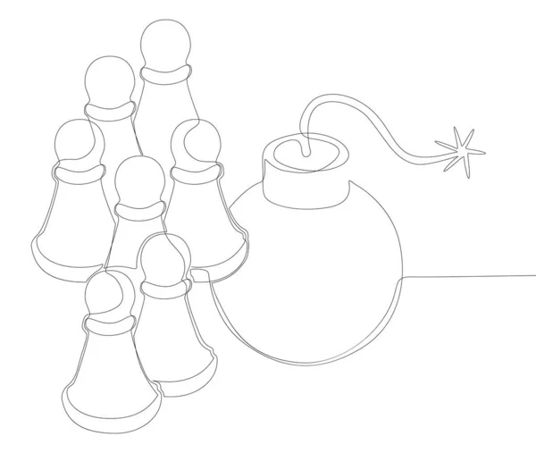Kontinuerlig Rad Bonde Chess Piece Bomb Tunn Linje Illustration Vektor — Stock vektor