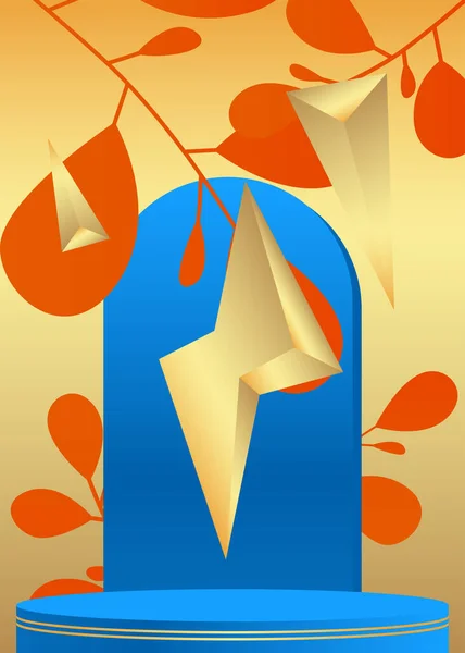Modrý Oranžový Zlatý Displej Mockup Válec Podstavec Pódium Abstraktní Jevištní — Stockový vektor